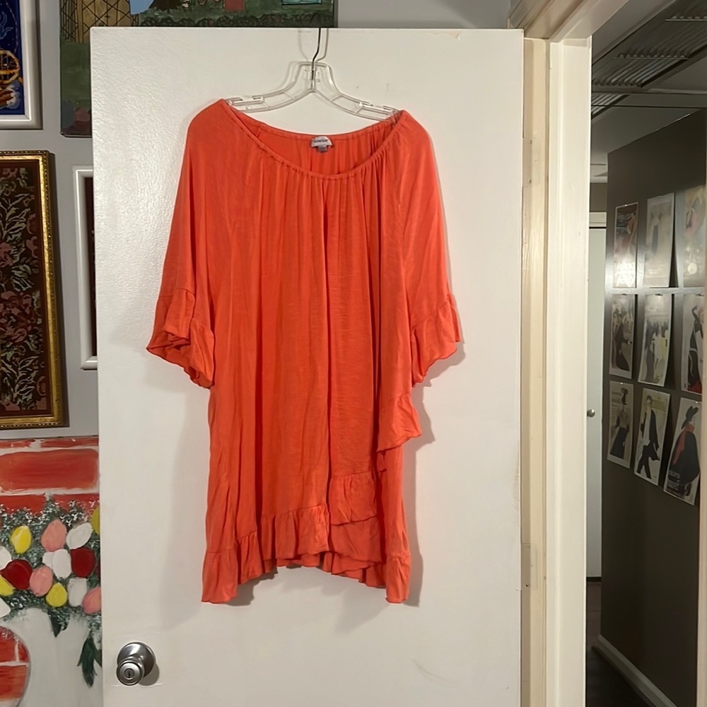 Avenue peach color elastic neck ruffle hem and sleeve top